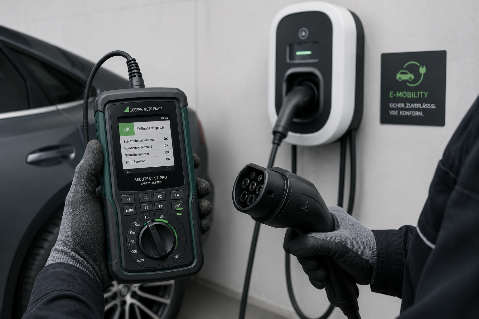 Prüfgerät zeigt erfolgreiche Prüfung am Ladekabel